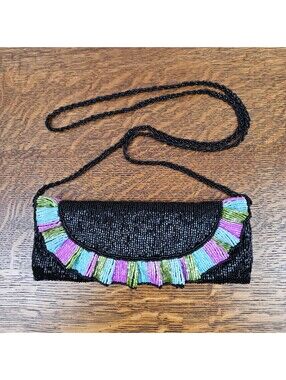 CEM Black Beaded Evening Bag Multicolor Ruffle Crossbody Hand Made China